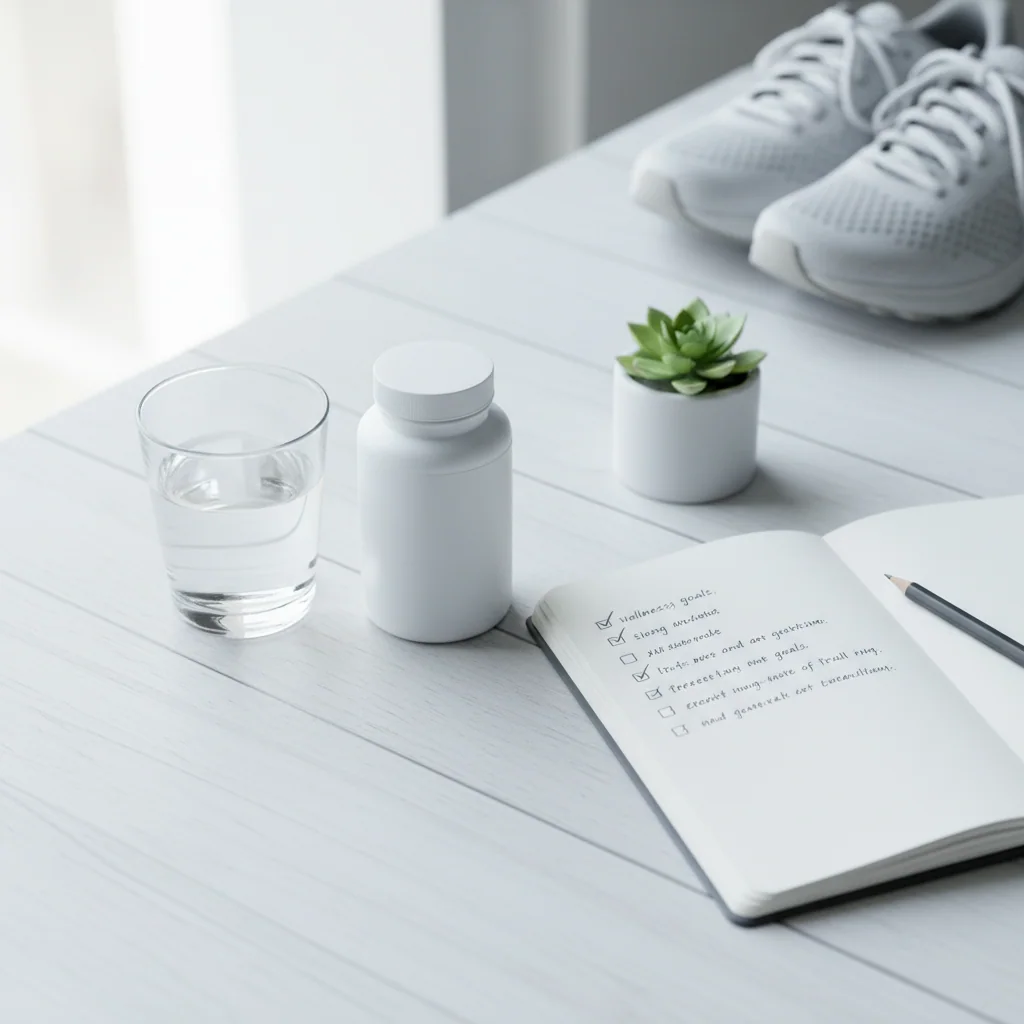 Morgonrutin med glas vatten, kosttillskott och anteckningsbok - vitaminer och mineraler för aktiva män